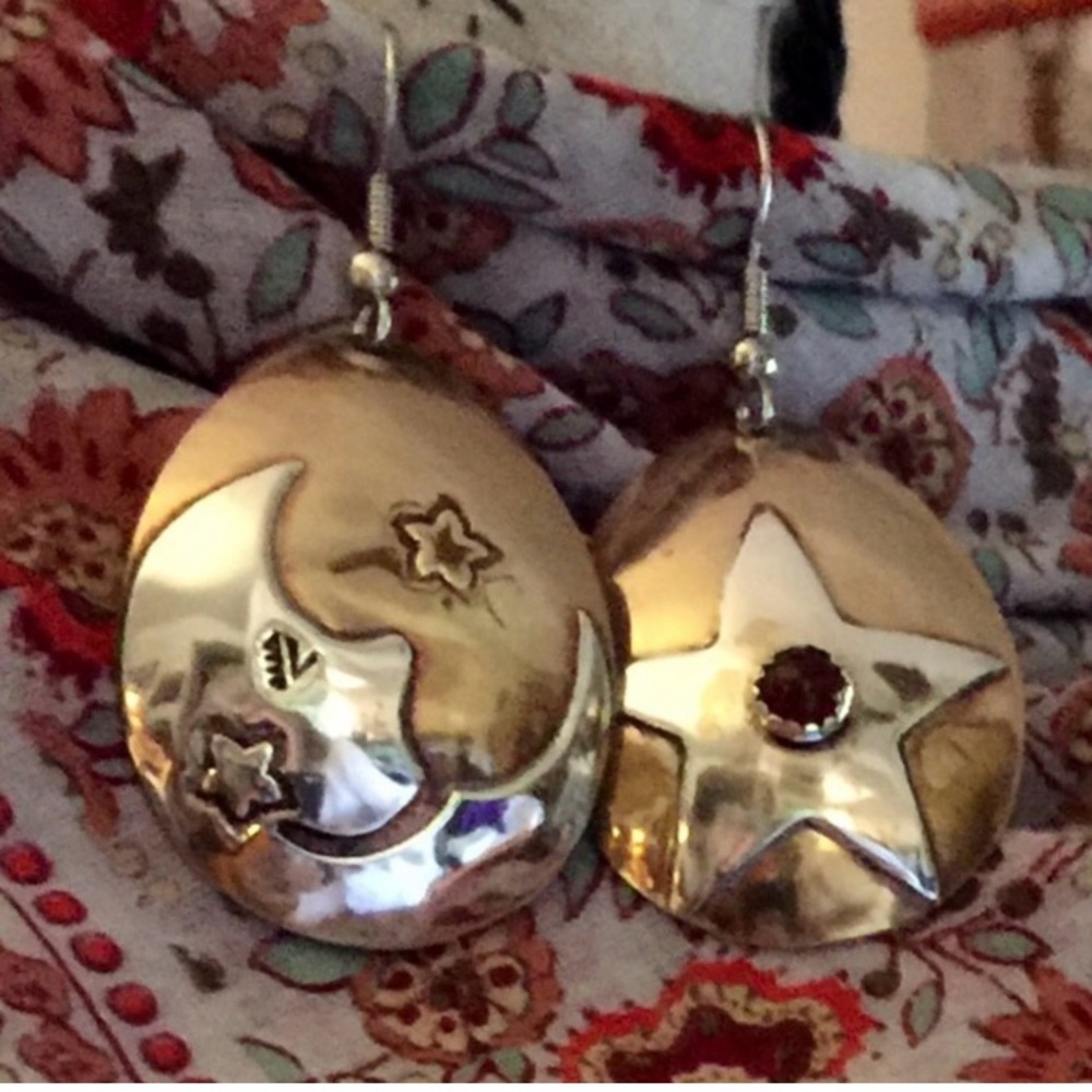 Vintage Bohemian Handcrafted Sterling Moon/Star Earrings